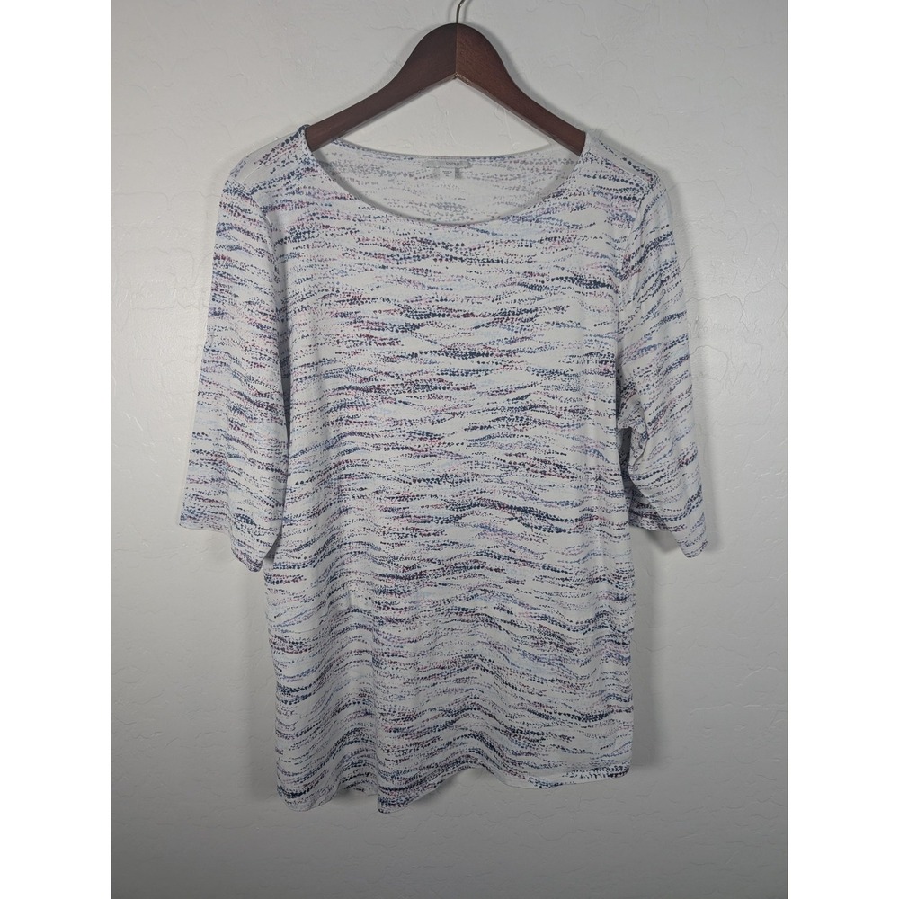 J Jill Pure Jill Shirt Womens XL White Blue Scoop Neck 3/4 Sleeve Cotton Modal